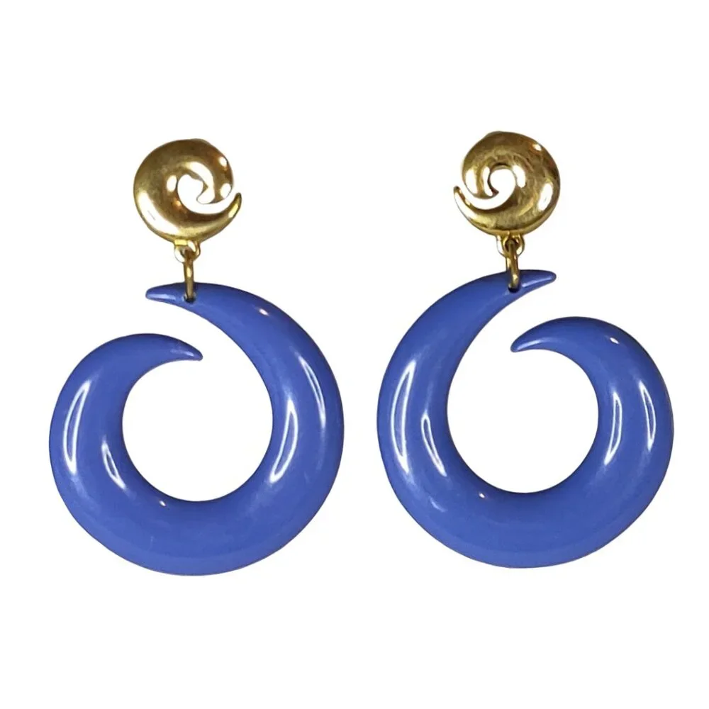 Large Blue and Gold Swirl/Spiral Hanging Earrings